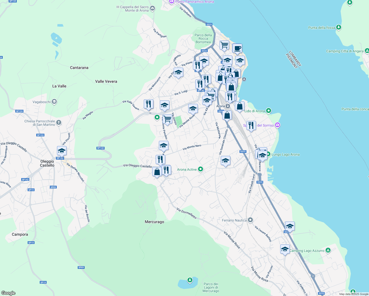 map of restaurants, bars, coffee shops, grocery stores, and more near 37 Via Monte Nero in Arona