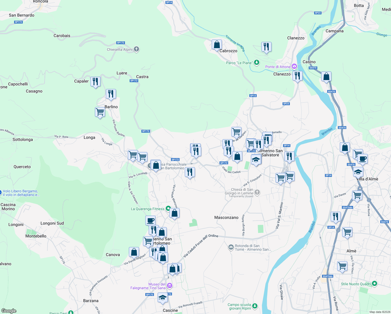 map of restaurants, bars, coffee shops, grocery stores, and more near 26 Piazza San Salvatore in Almenno San Salvatore