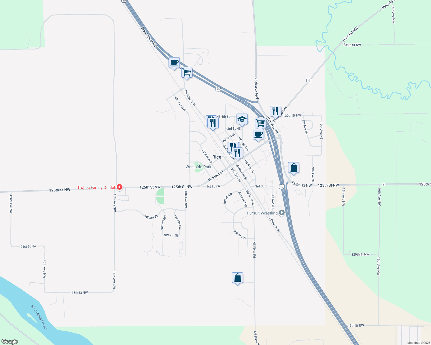 map of restaurants, bars, coffee shops, grocery stores, and more near 15 3rd Avenue Northwest in Rice