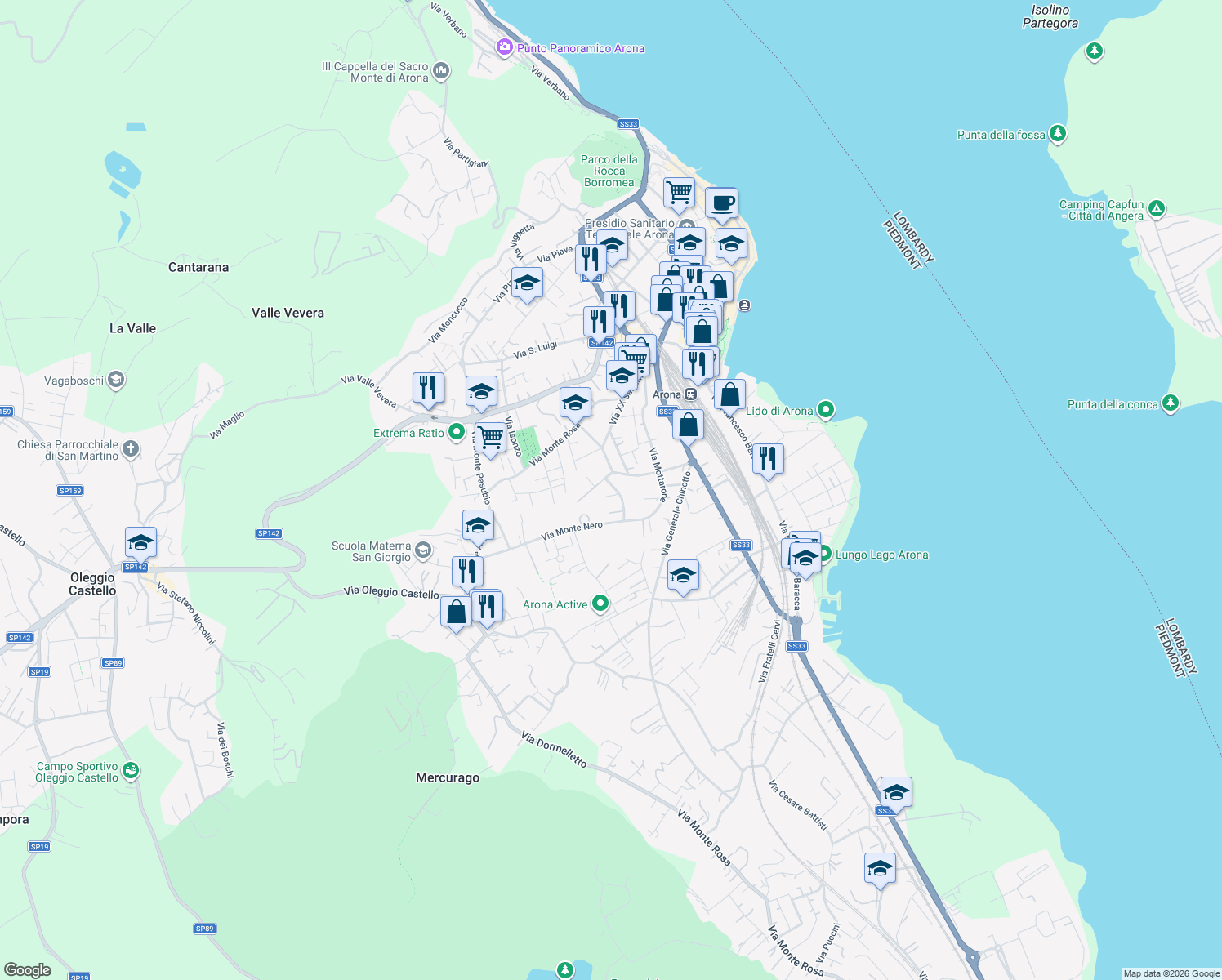 map of restaurants, bars, coffee shops, grocery stores, and more near 10 Via Monte Nero in Arona