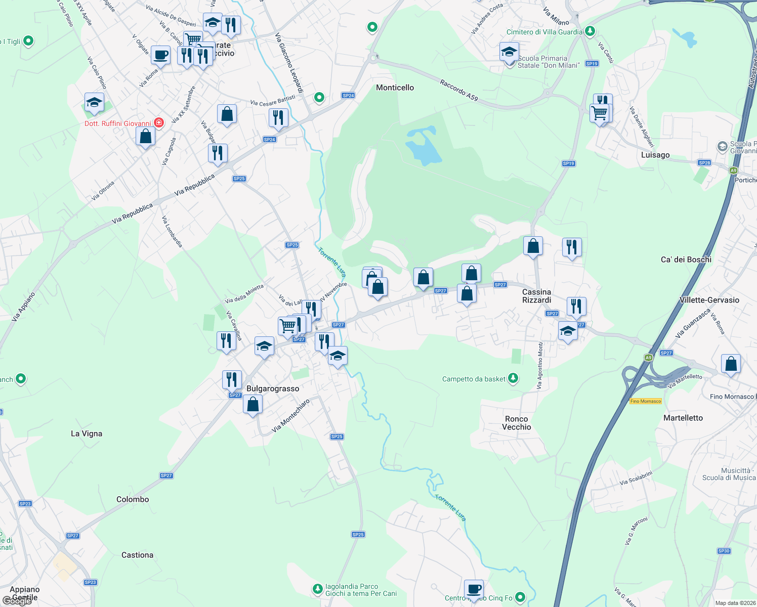 map of restaurants, bars, coffee shops, grocery stores, and more near 48 Via Risorgimento in Cassina Rizzardi