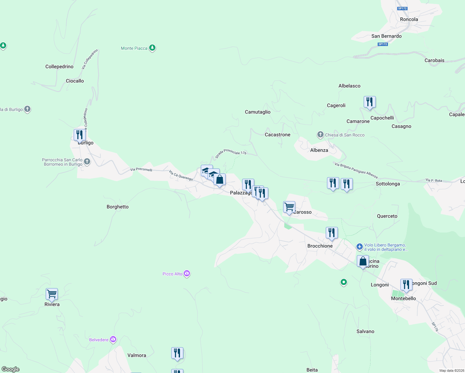 map of restaurants, bars, coffee shops, grocery stores, and more near in Palazzago