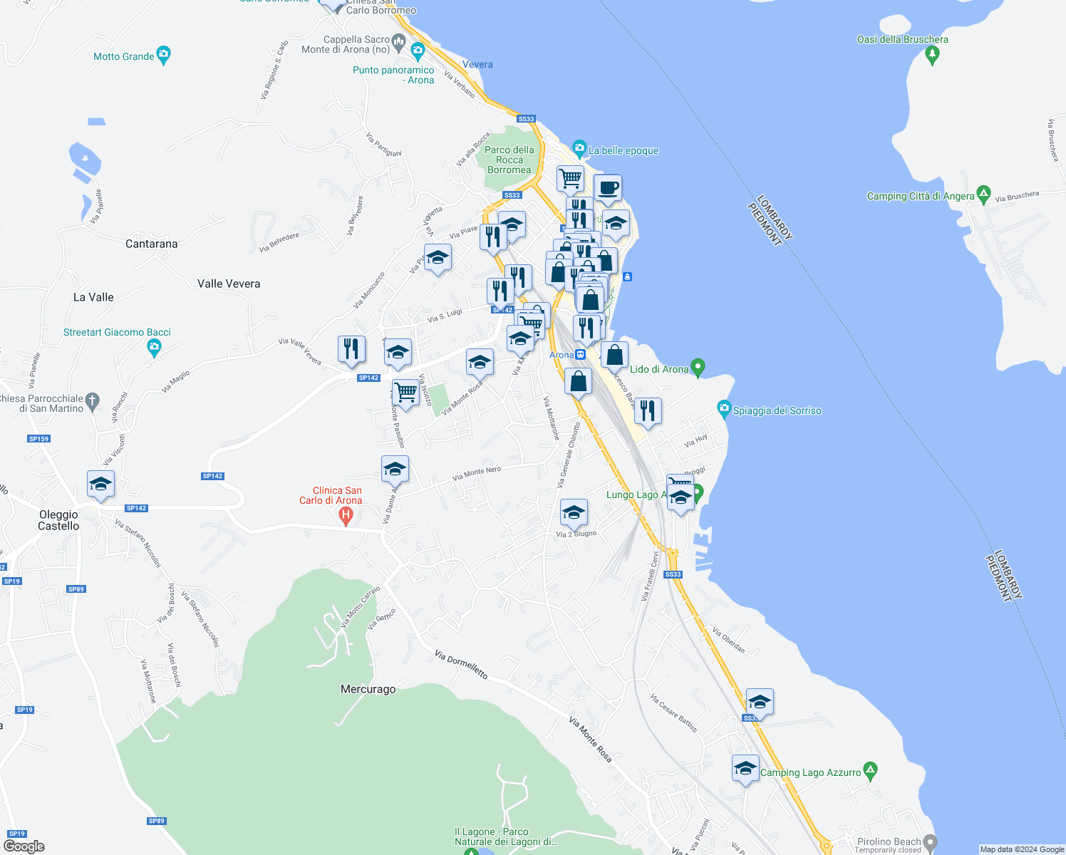 map of restaurants, bars, coffee shops, grocery stores, and more near 21 Via Monte Leone in Arona