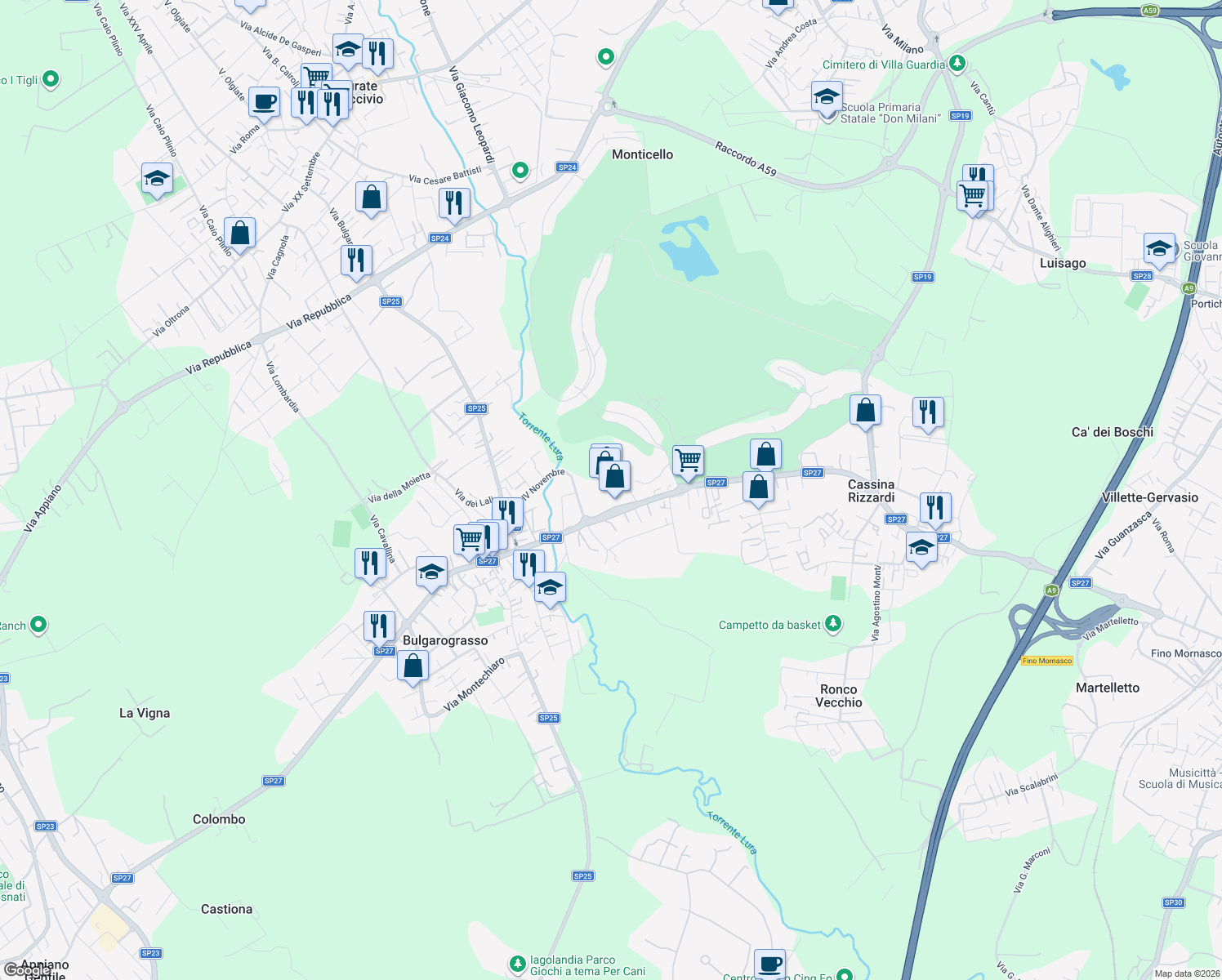 map of restaurants, bars, coffee shops, grocery stores, and more near 48 Via Risorgimento in Cassina Rizzardi