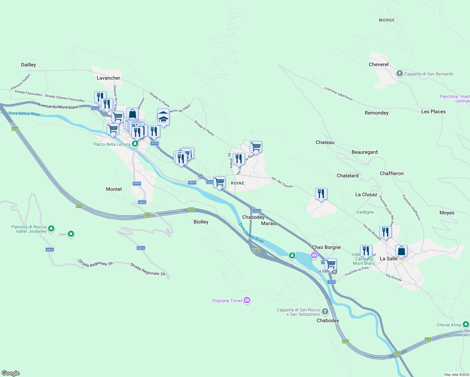 map of restaurants, bars, coffee shops, grocery stores, and more near 10 Strada Des Iles in Morgex