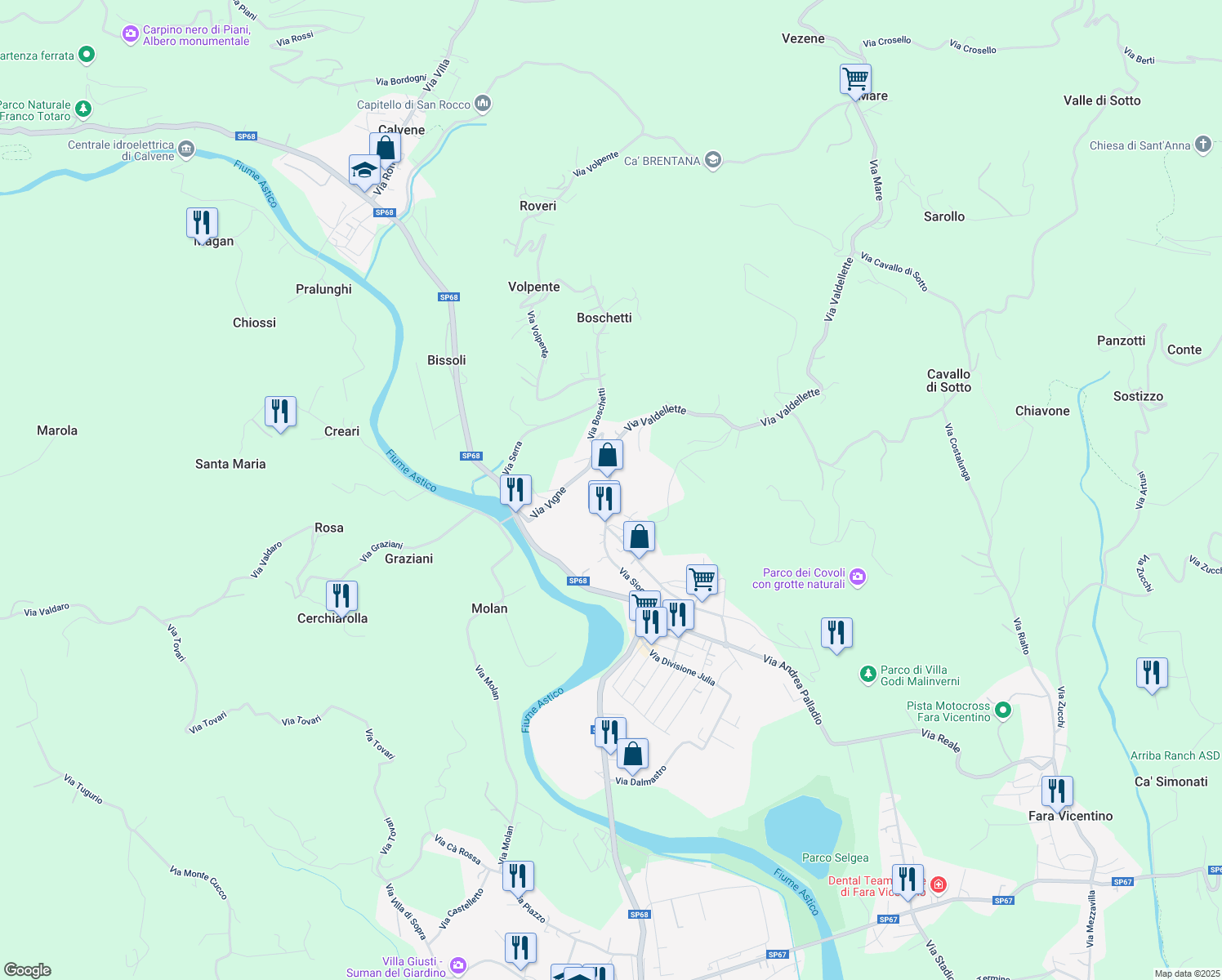 map of restaurants, bars, coffee shops, grocery stores, and more near 2 Via Principe Amedeo in Lugo di Vicenza