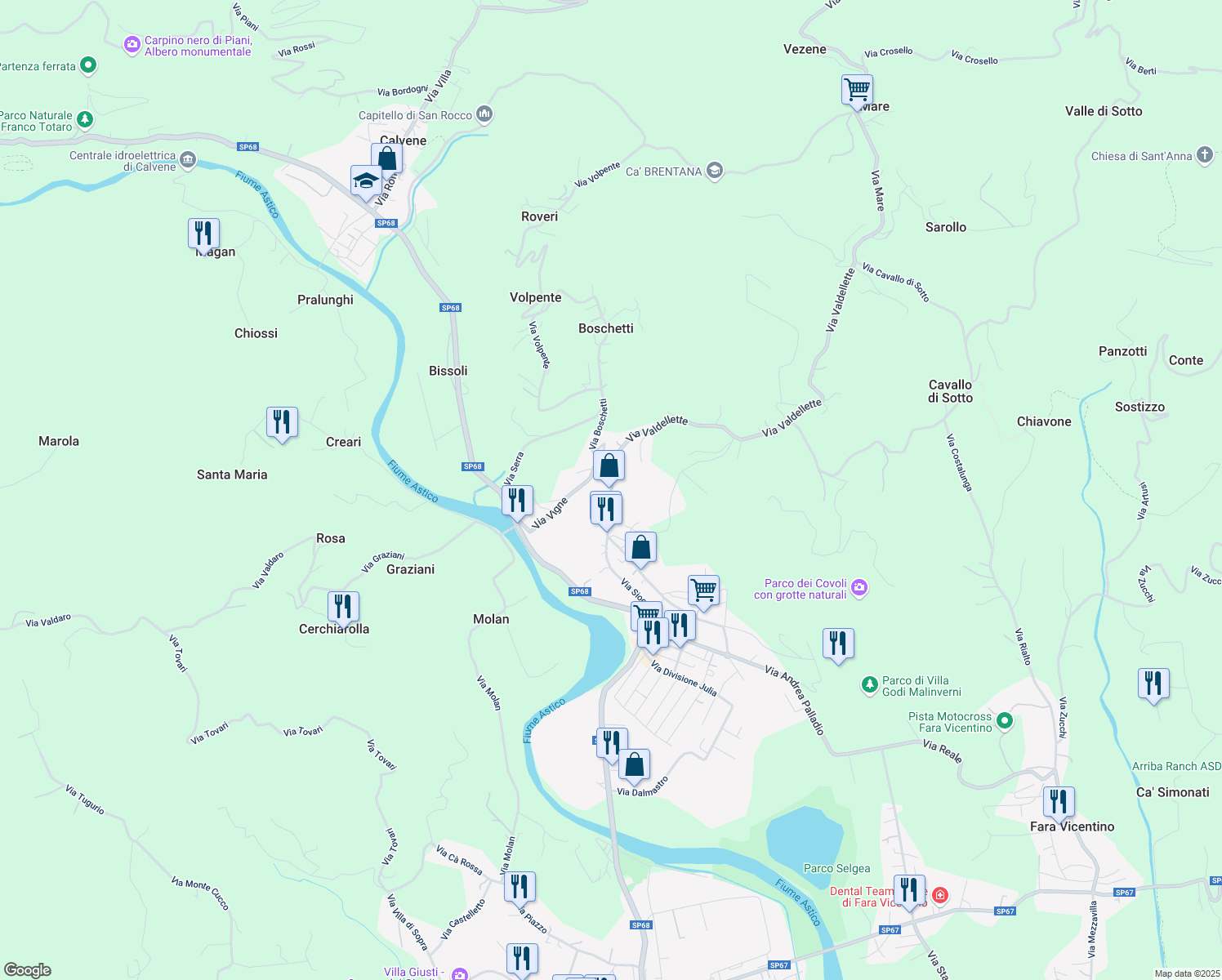 map of restaurants, bars, coffee shops, grocery stores, and more near 2 Via Principe Amedeo in Lugo di Vicenza