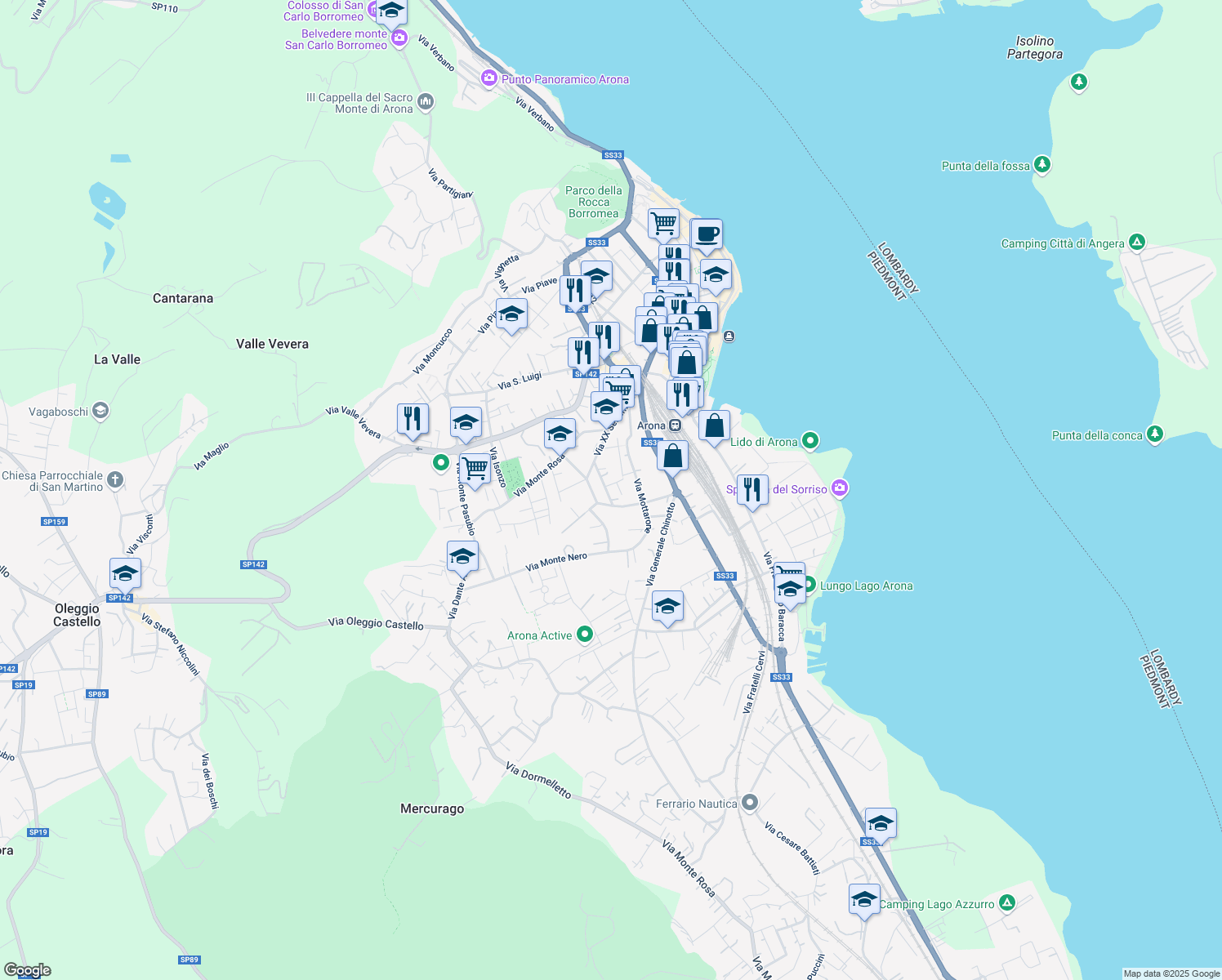 map of restaurants, bars, coffee shops, grocery stores, and more near 21 Via Monte Leone in Arona