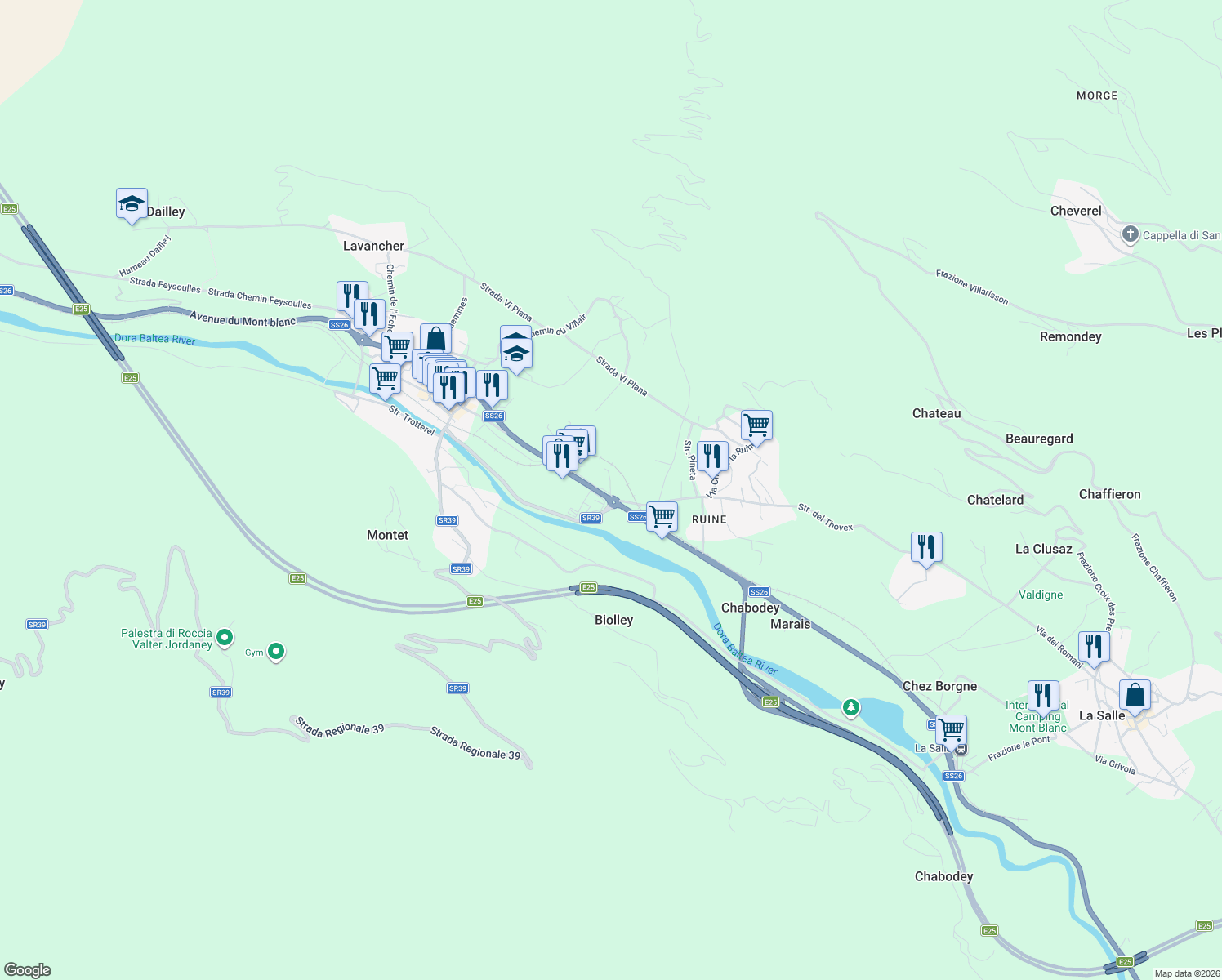 map of restaurants, bars, coffee shops, grocery stores, and more near 20 Rue du Mont Blanc in Morgex