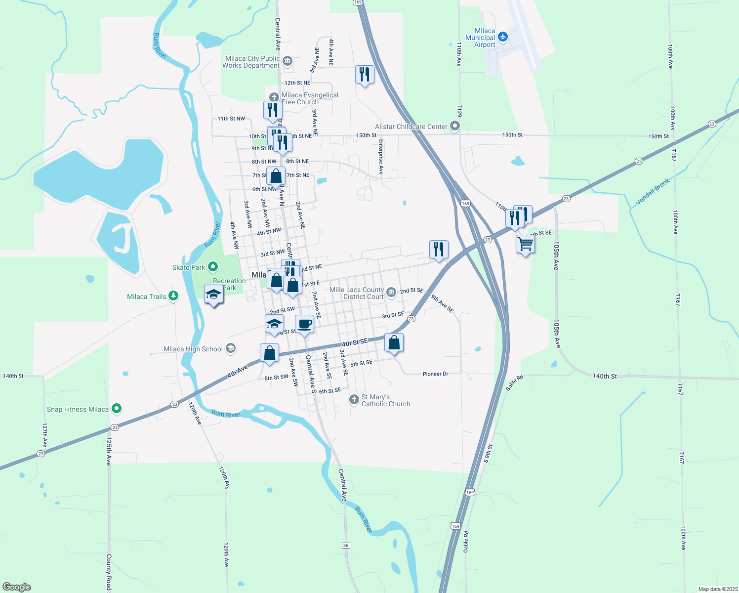 map of restaurants, bars, coffee shops, grocery stores, and more near 510 2nd Street Southeast in Milaca