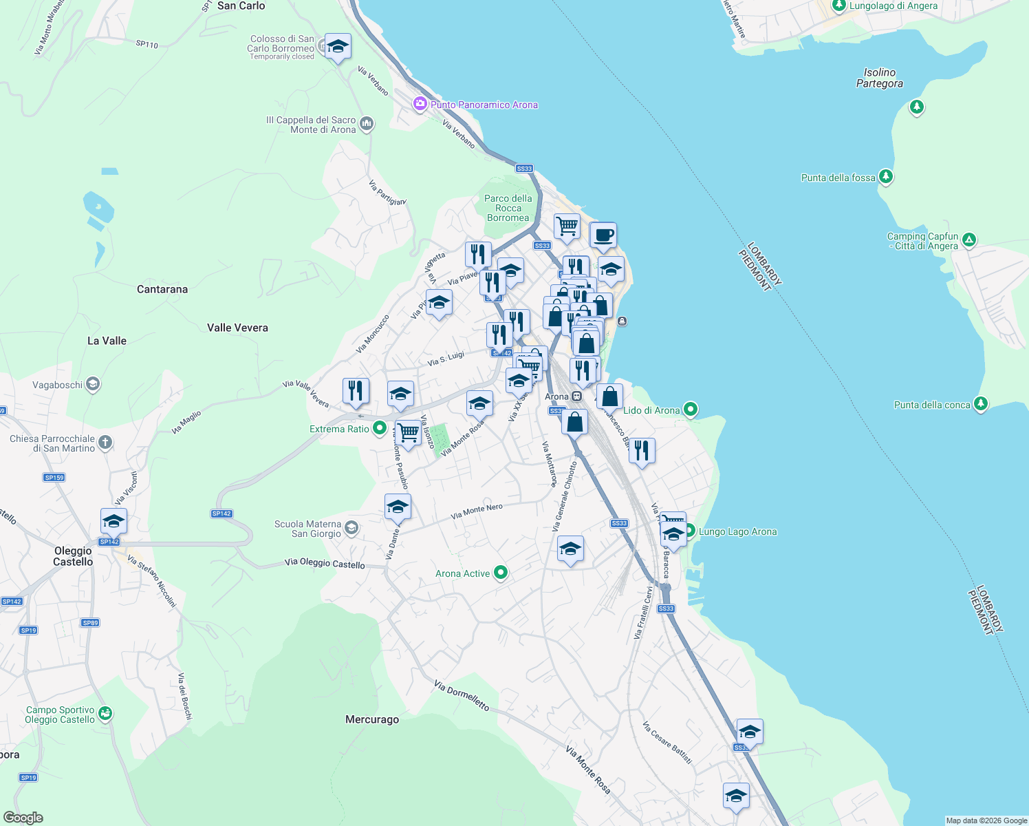 map of restaurants, bars, coffee shops, grocery stores, and more near 30 Via Monte Rosa in Arona