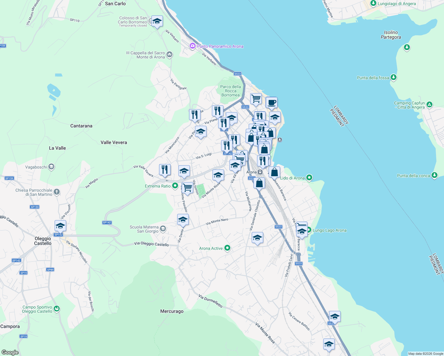 map of restaurants, bars, coffee shops, grocery stores, and more near 30 Via Monte Rosa in Arona