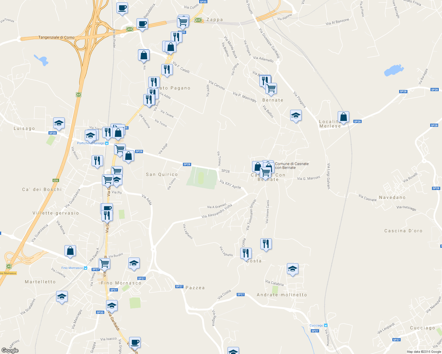 map of restaurants, bars, coffee shops, grocery stores, and more near 8 Via XXV Aprile in Casnate Con Bernate