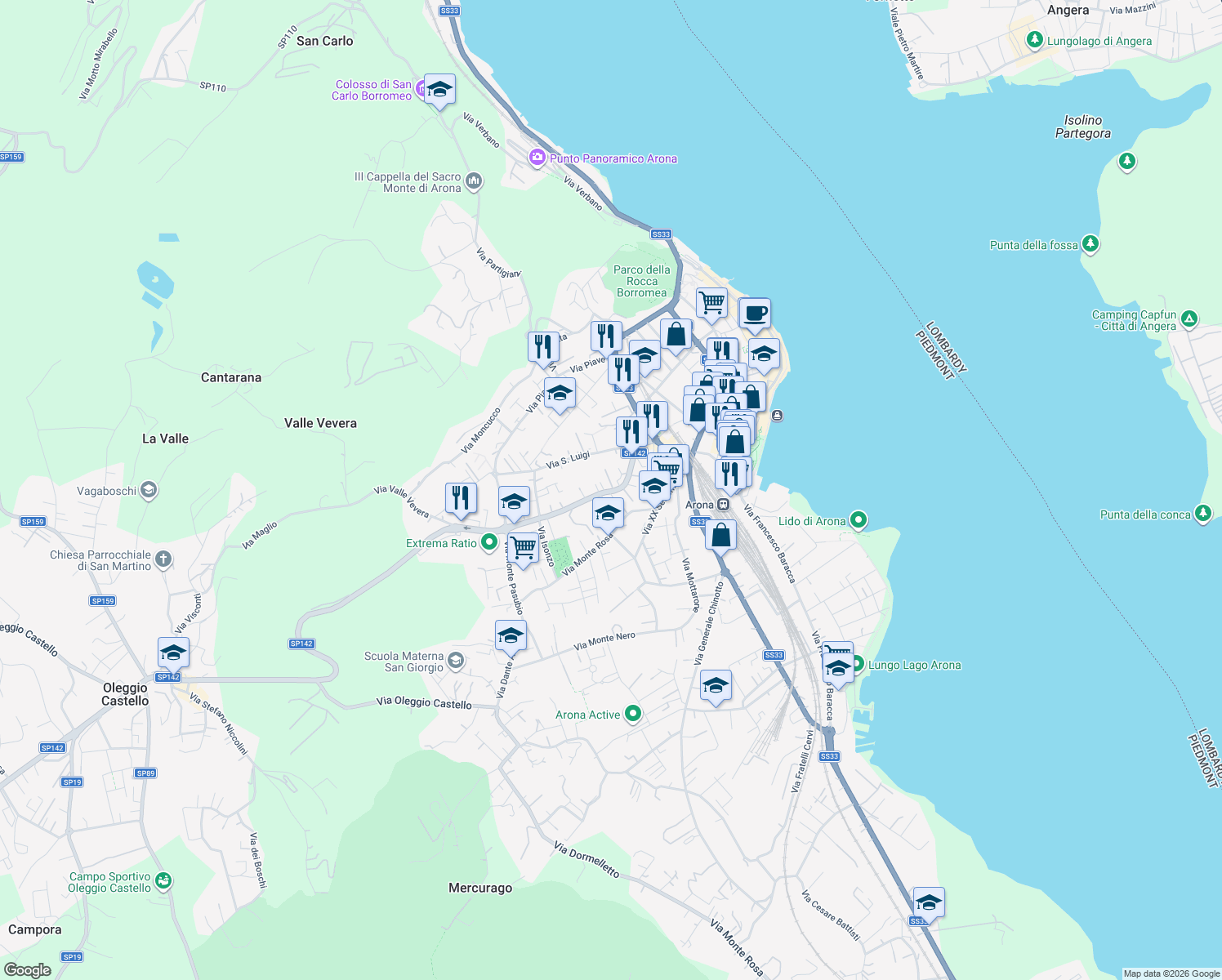 map of restaurants, bars, coffee shops, grocery stores, and more near 36 Via Vittorio Veneto in Arona
