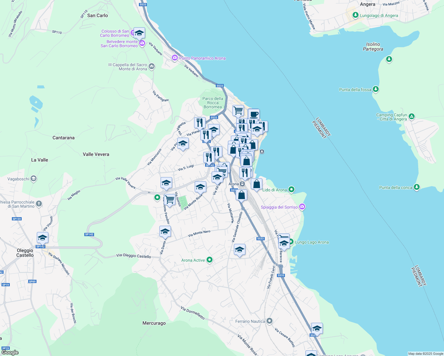map of restaurants, bars, coffee shops, grocery stores, and more near 20 Via XX Settembre in Arona