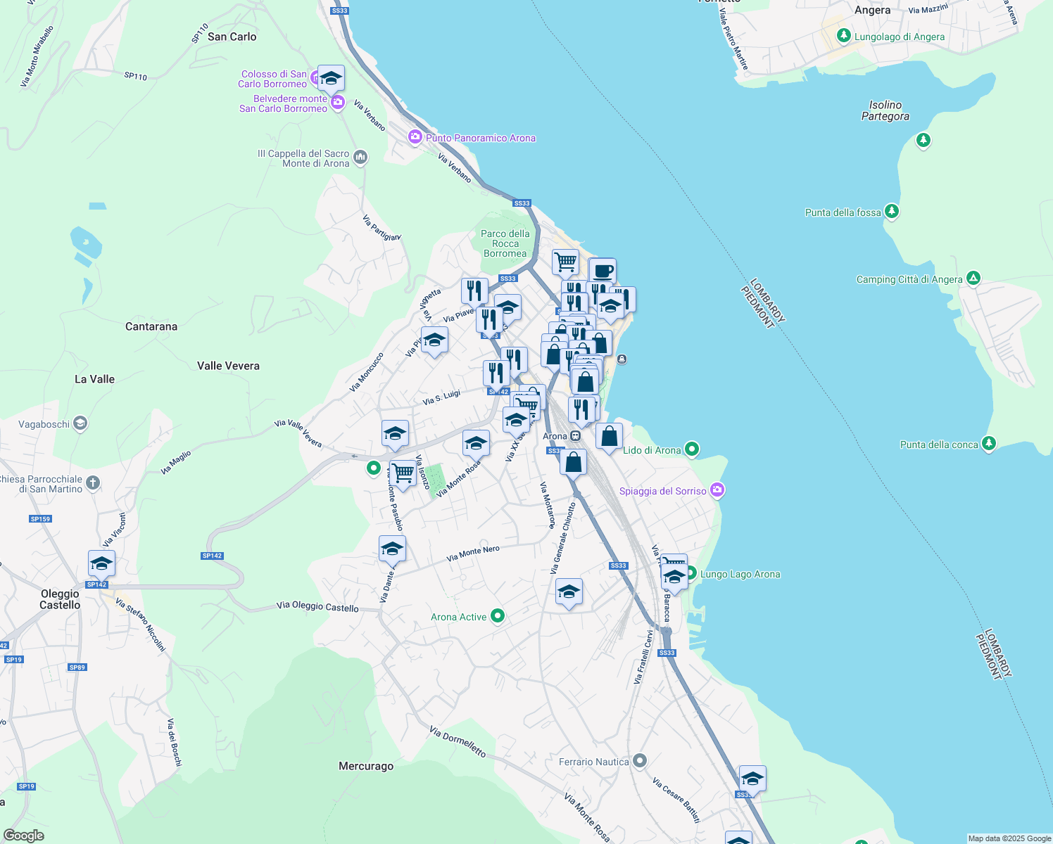 map of restaurants, bars, coffee shops, grocery stores, and more near 20 Via XX Settembre in Arona