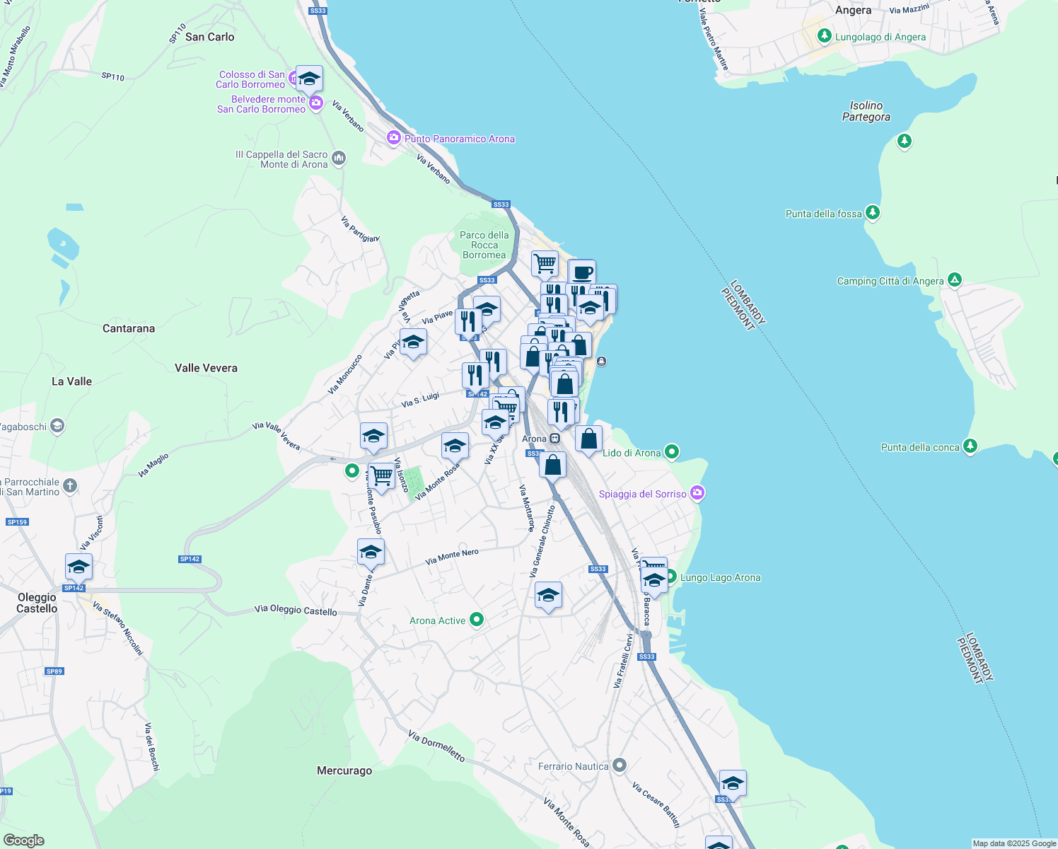 map of restaurants, bars, coffee shops, grocery stores, and more near 5 Via Milano in Arona