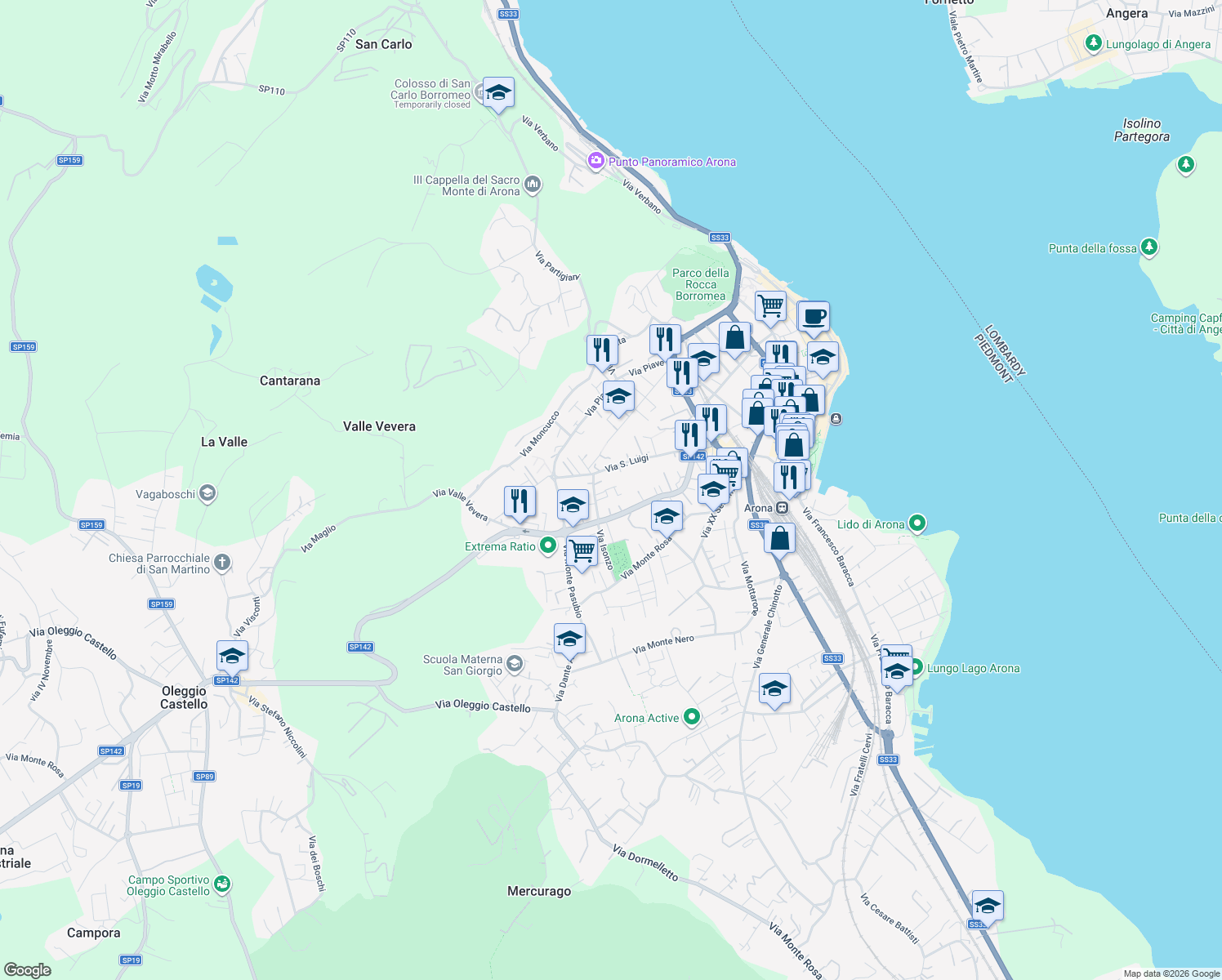 map of restaurants, bars, coffee shops, grocery stores, and more near 4 Via Giovanni Verga in Arona