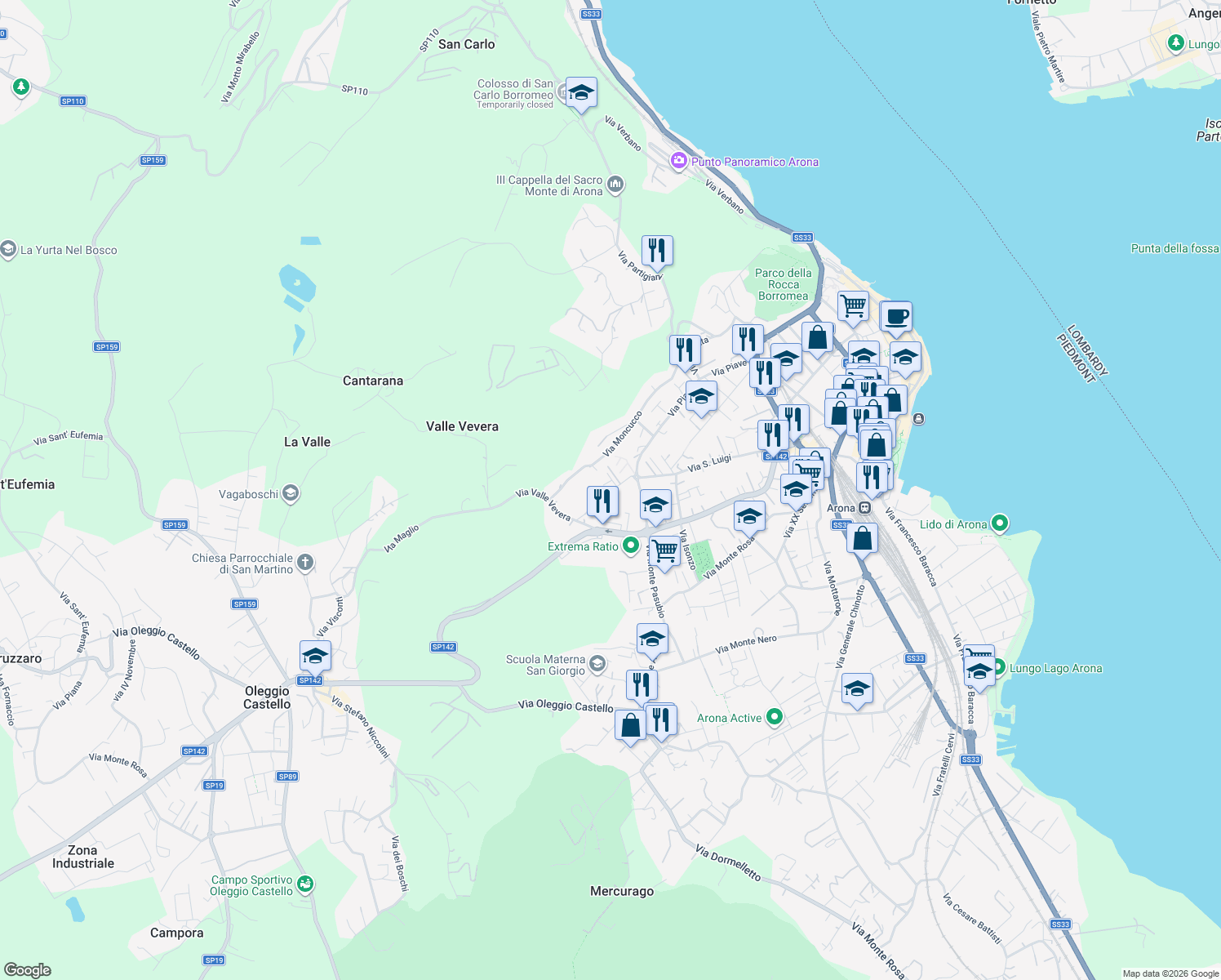 map of restaurants, bars, coffee shops, grocery stores, and more near 84 Via San Luigi in Arona