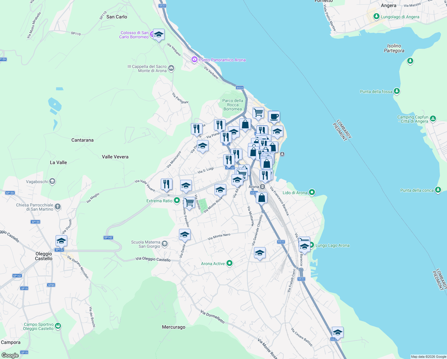 map of restaurants, bars, coffee shops, grocery stores, and more near 36 Via Vittorio Veneto in Arona