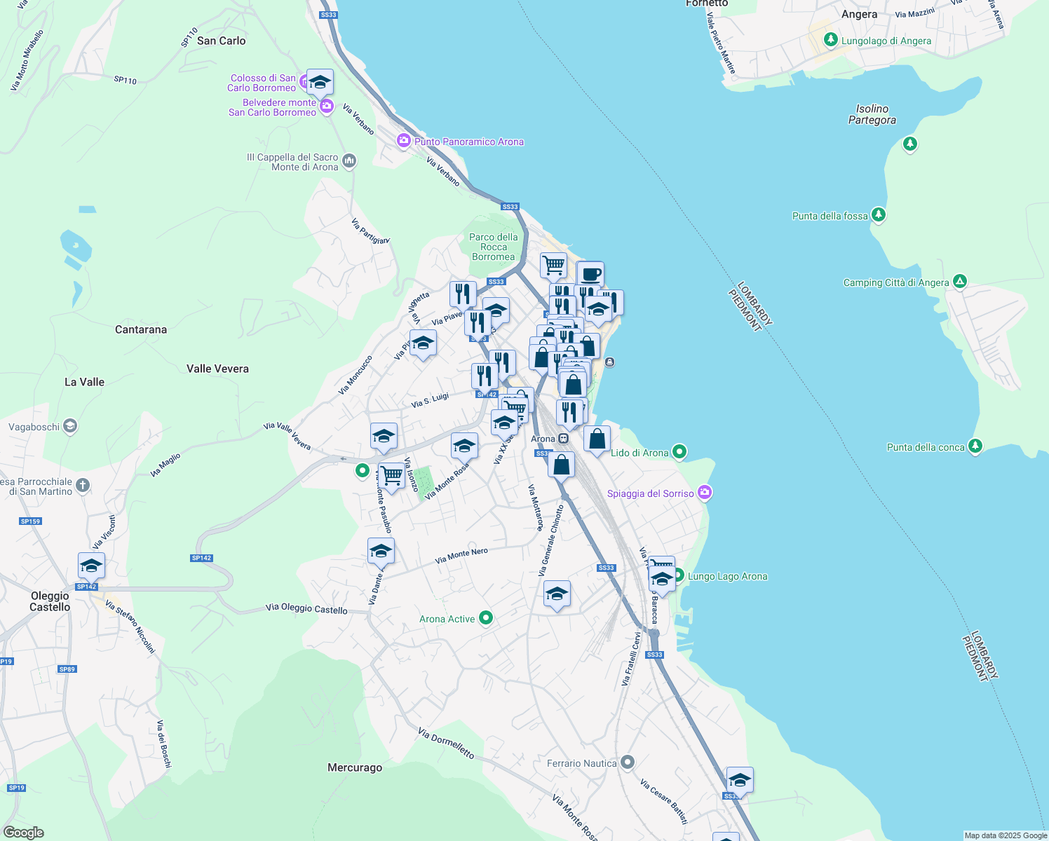 map of restaurants, bars, coffee shops, grocery stores, and more near 20 Via XX Settembre in Arona