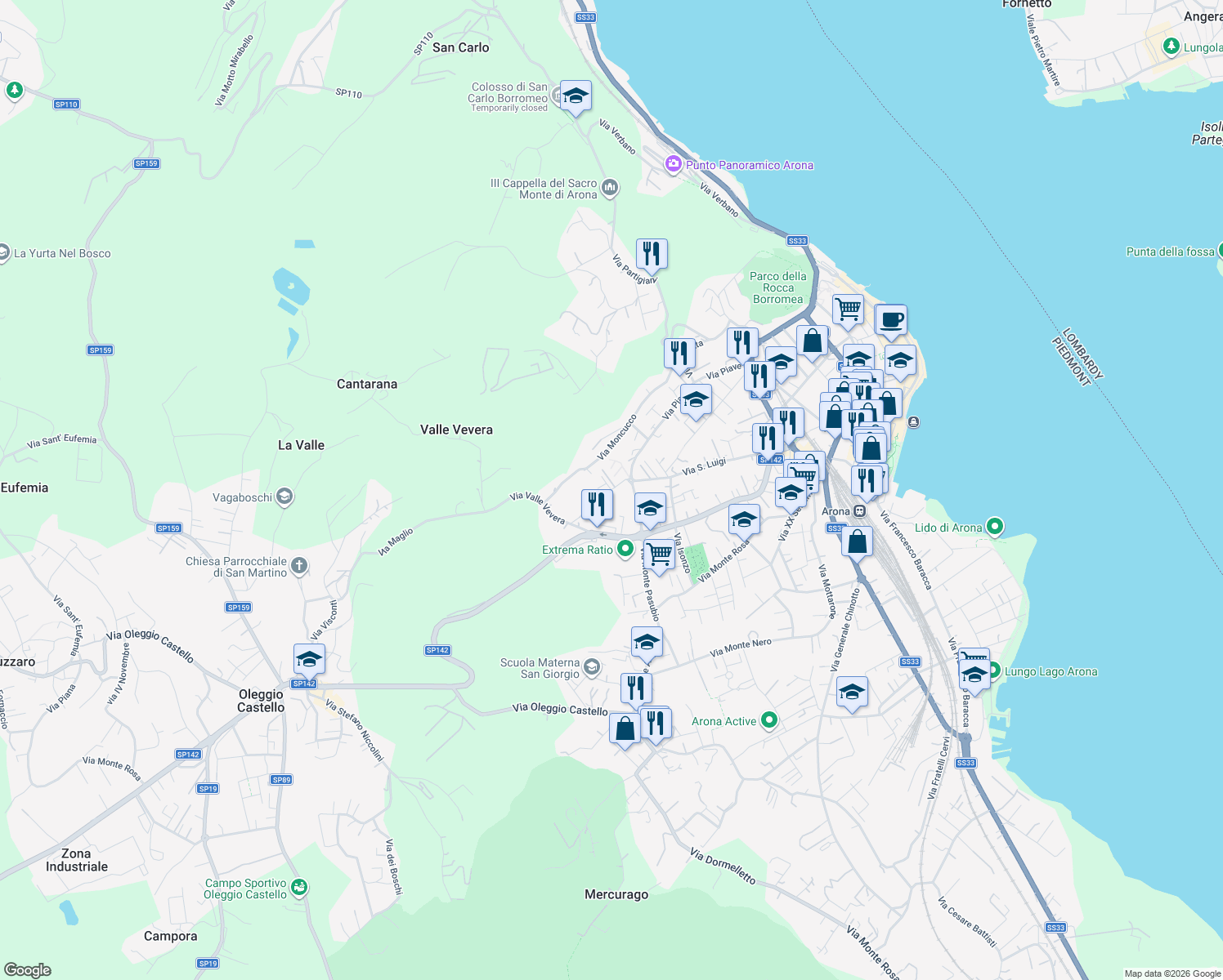 map of restaurants, bars, coffee shops, grocery stores, and more near 84 Via San Luigi in Arona