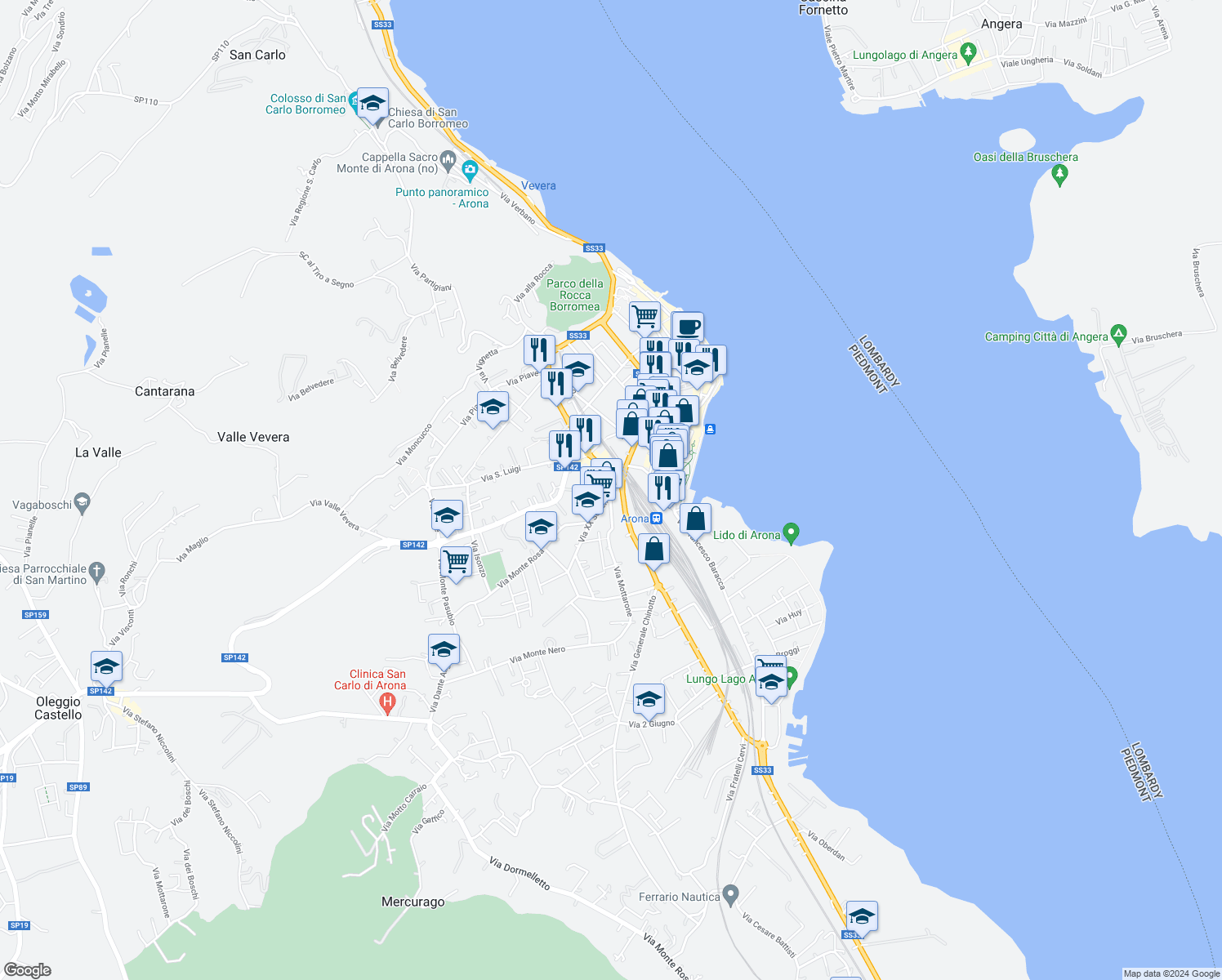 map of restaurants, bars, coffee shops, grocery stores, and more near 20 Via XX Settembre in Arona