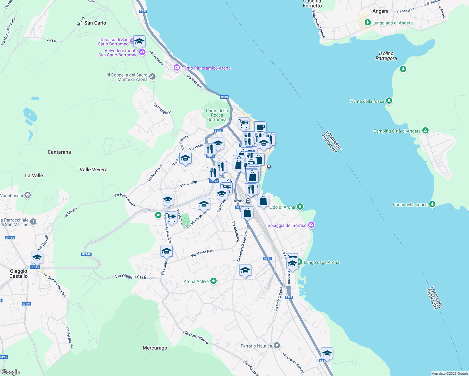 map of restaurants, bars, coffee shops, grocery stores, and more near 5 Via Milano in Arona