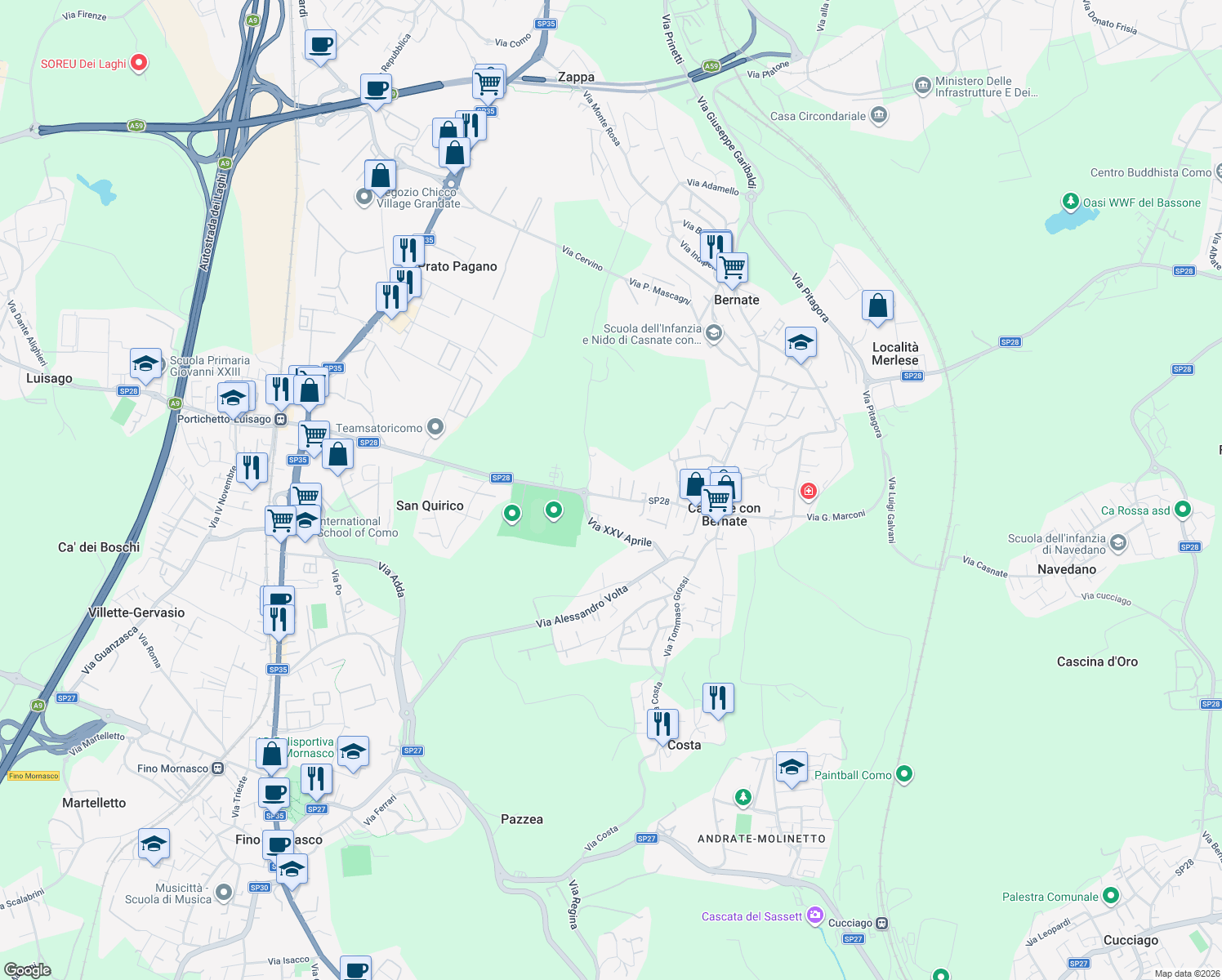 map of restaurants, bars, coffee shops, grocery stores, and more near 8 Via XXV Aprile in Casnate Con Bernate