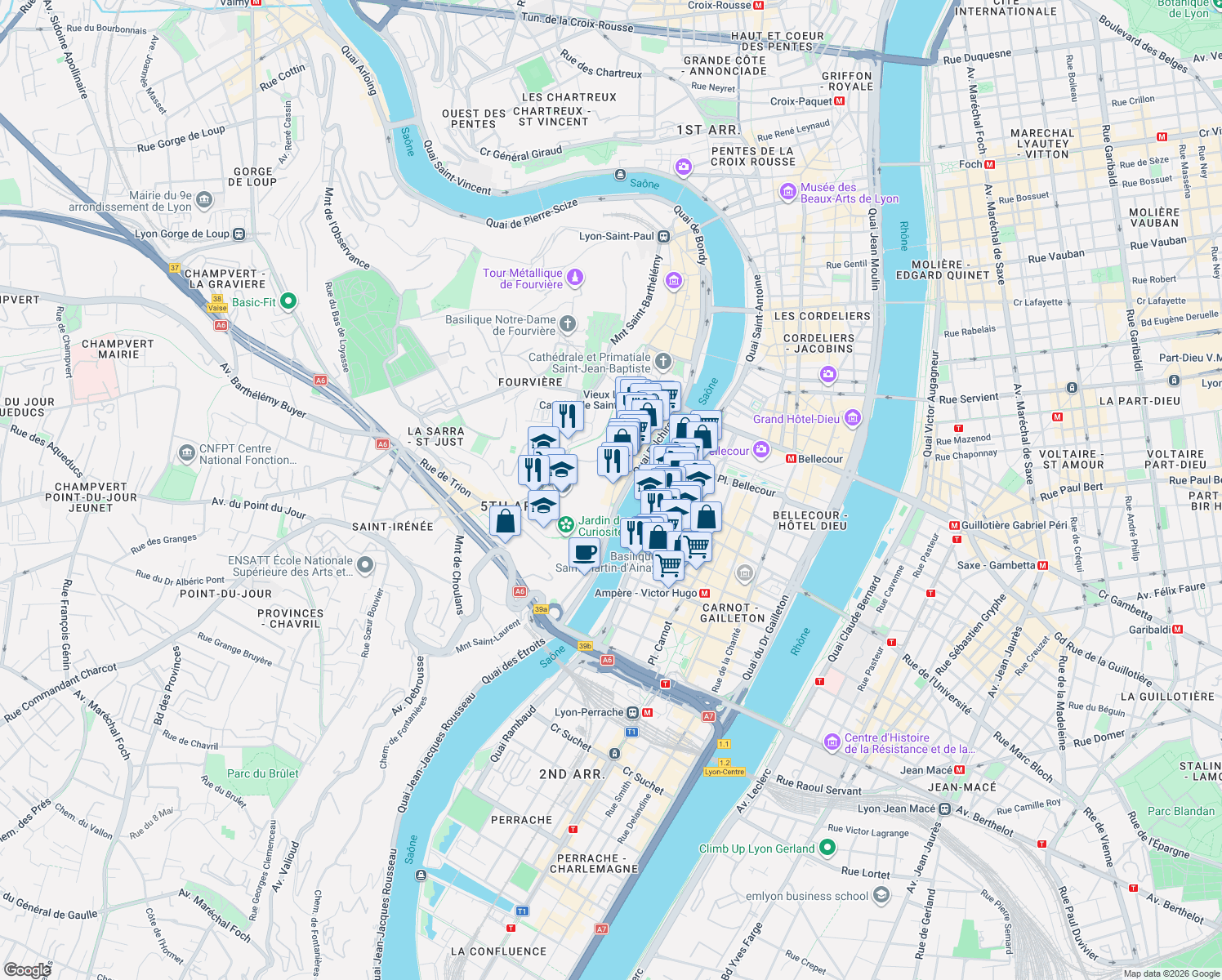 map of restaurants, bars, coffee shops, grocery stores, and more near 88 Rue Saint-Georges in Lyon