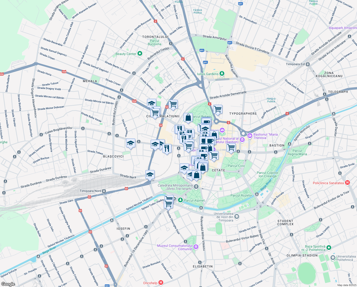 map of restaurants, bars, coffee shops, grocery stores, and more near 10 Strada Coriolan Brediceanu in Timișoara
