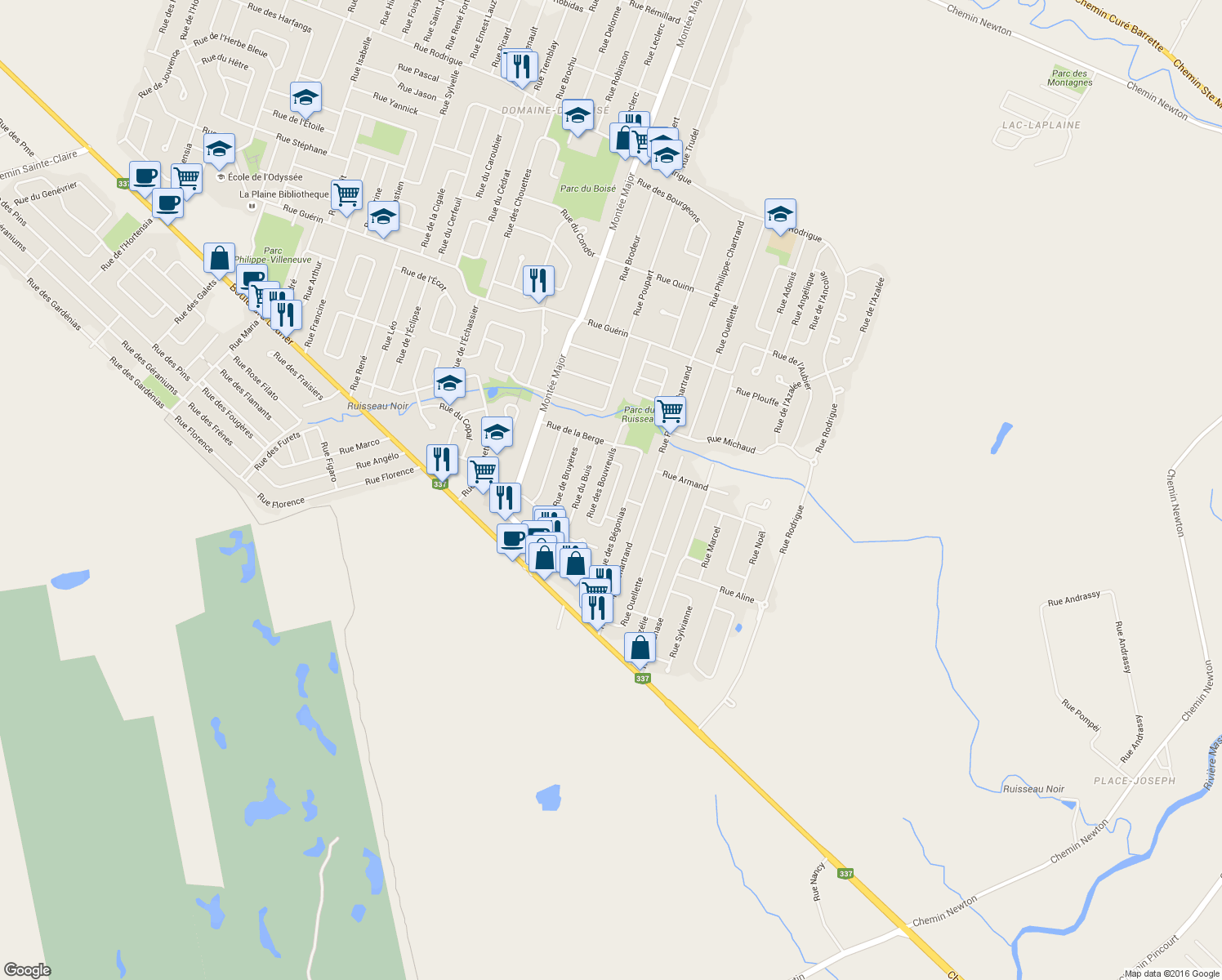 map of restaurants, bars, coffee shops, grocery stores, and more near 1650 Rue des Bernaches in Terrebonne