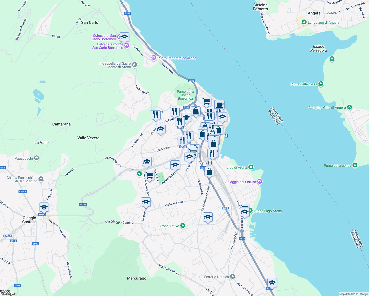 map of restaurants, bars, coffee shops, grocery stores, and more near 2 Via San Luigi in Arona