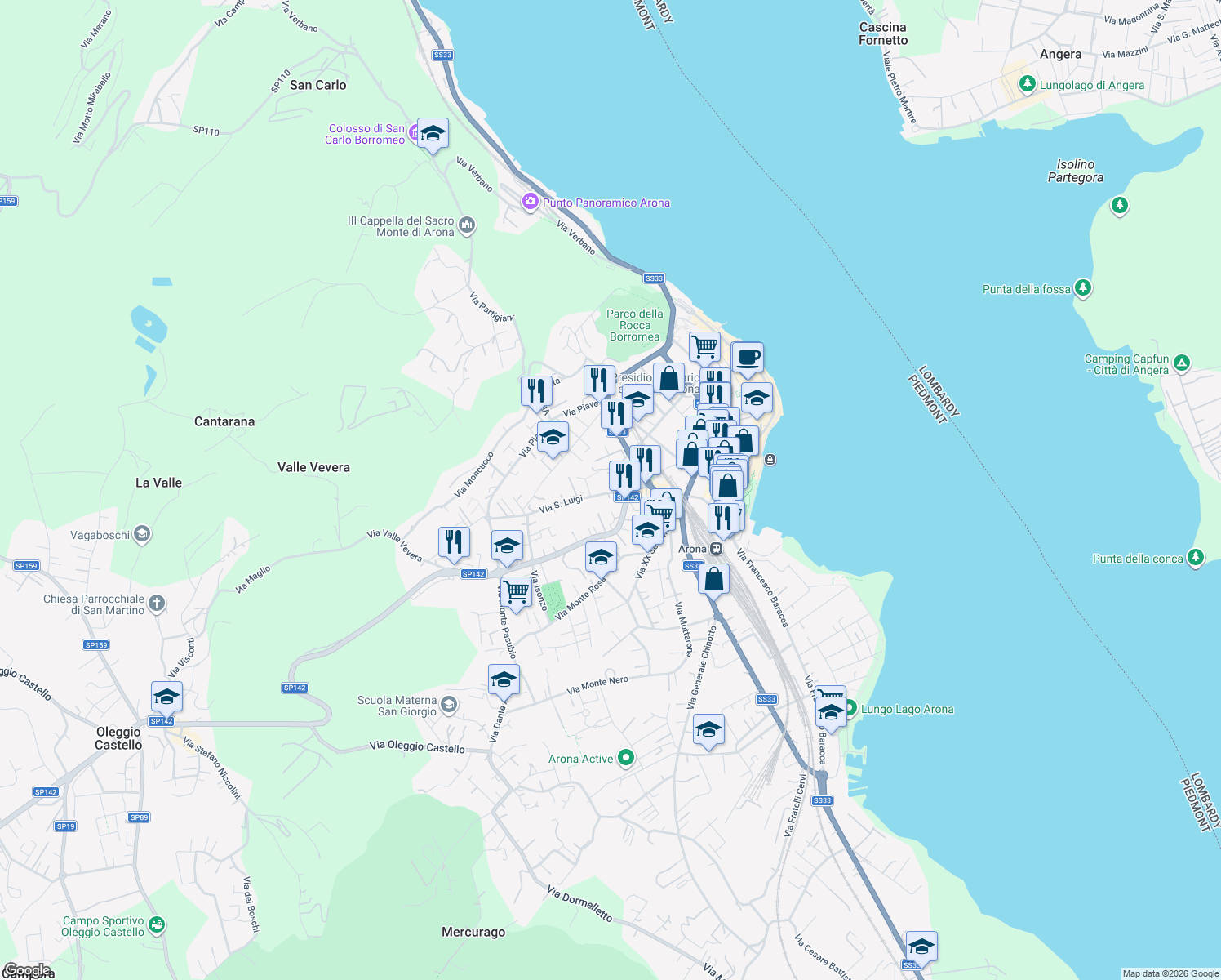 map of restaurants, bars, coffee shops, grocery stores, and more near 2 Via San Luigi in Arona