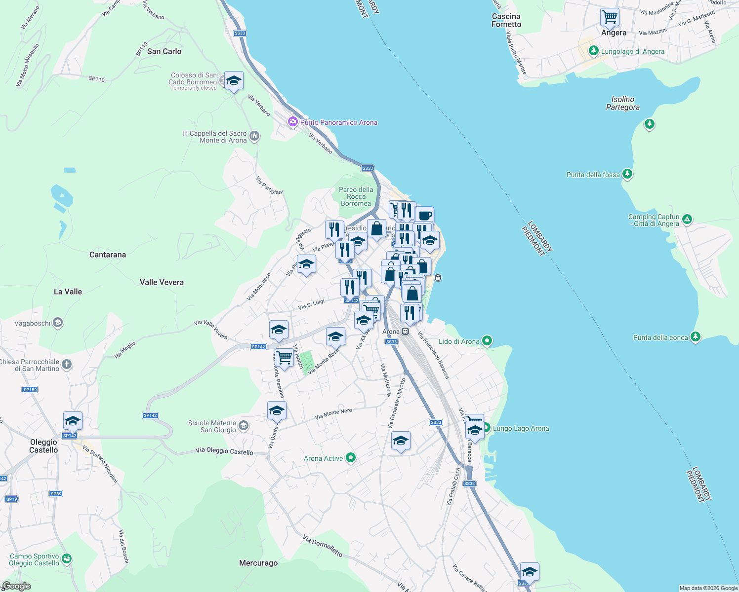 map of restaurants, bars, coffee shops, grocery stores, and more near 12 Via Torino in Arona