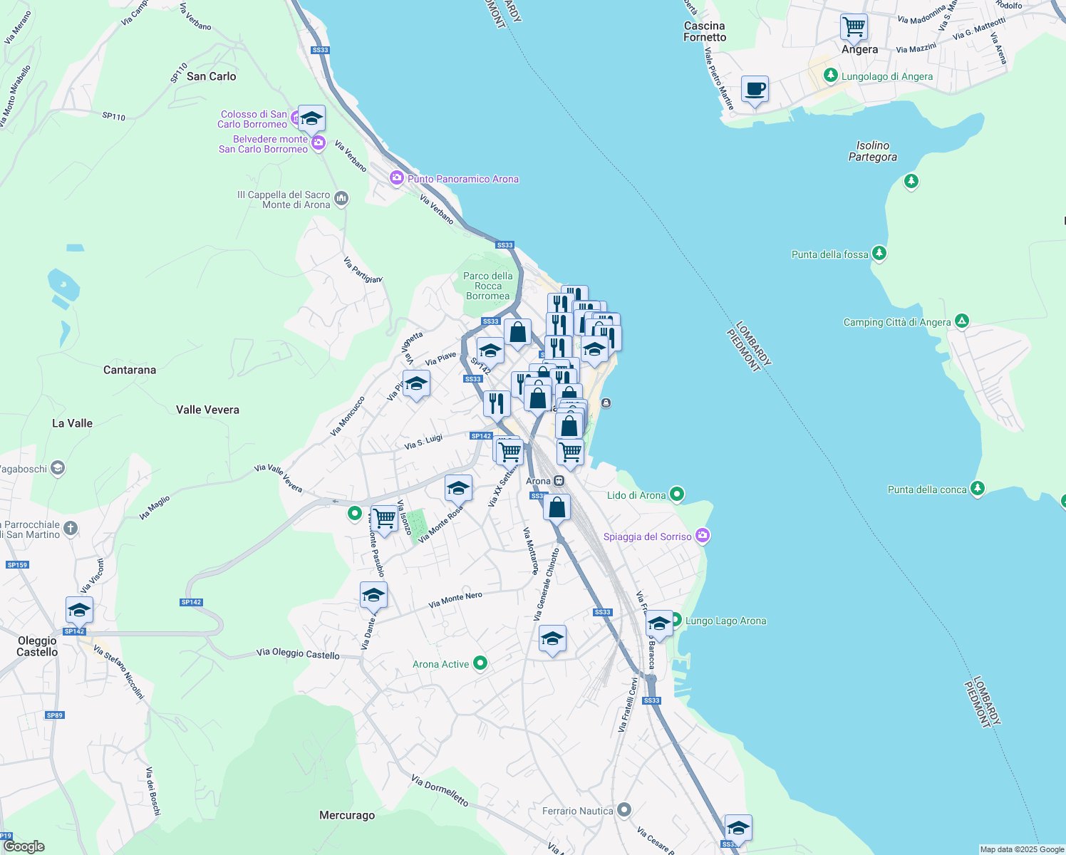 map of restaurants, bars, coffee shops, grocery stores, and more near 10 Corso della Liberazione in Arona