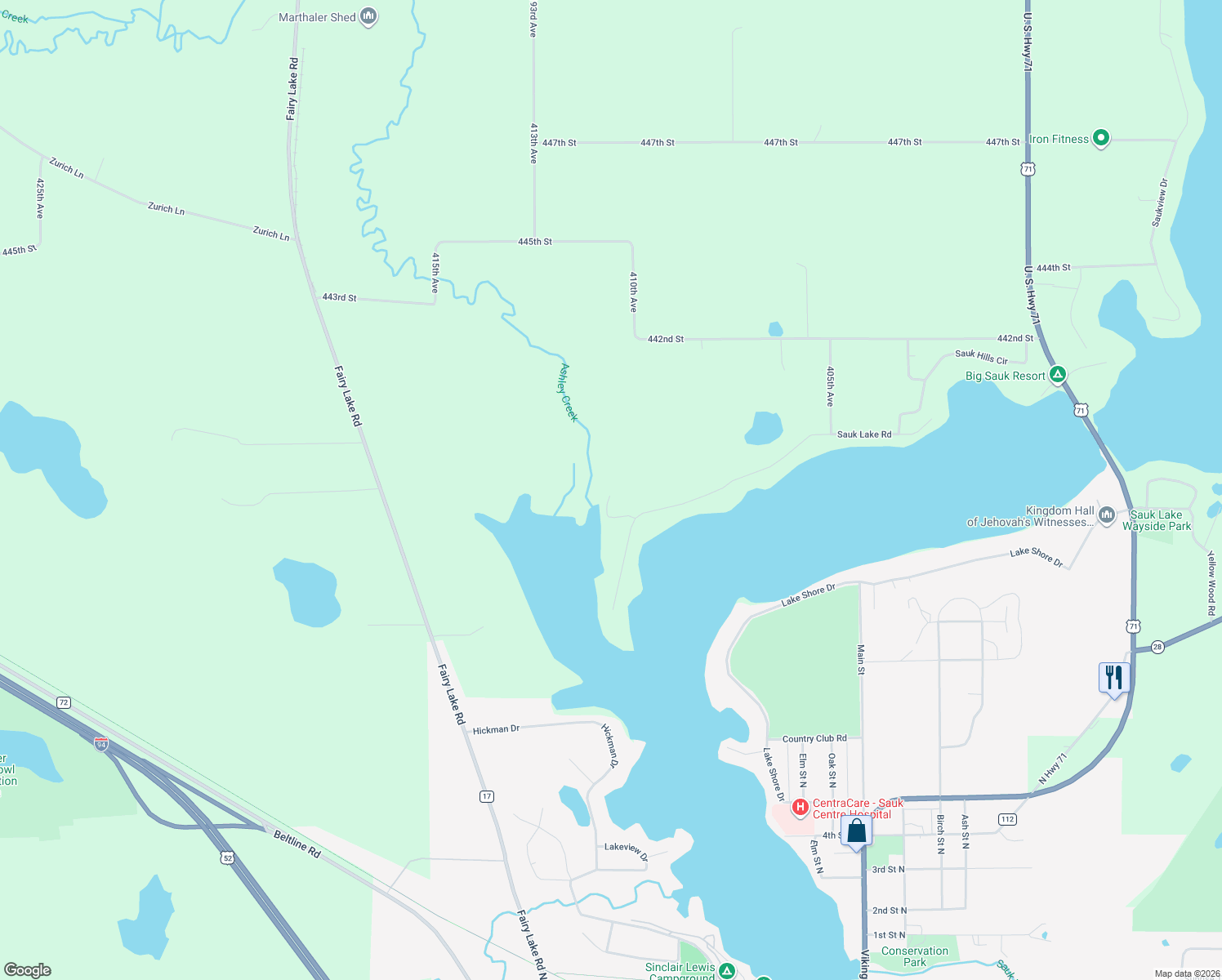 map of restaurants, bars, coffee shops, grocery stores, and more near 40996 Sauk Lake Road in Sauk Centre
