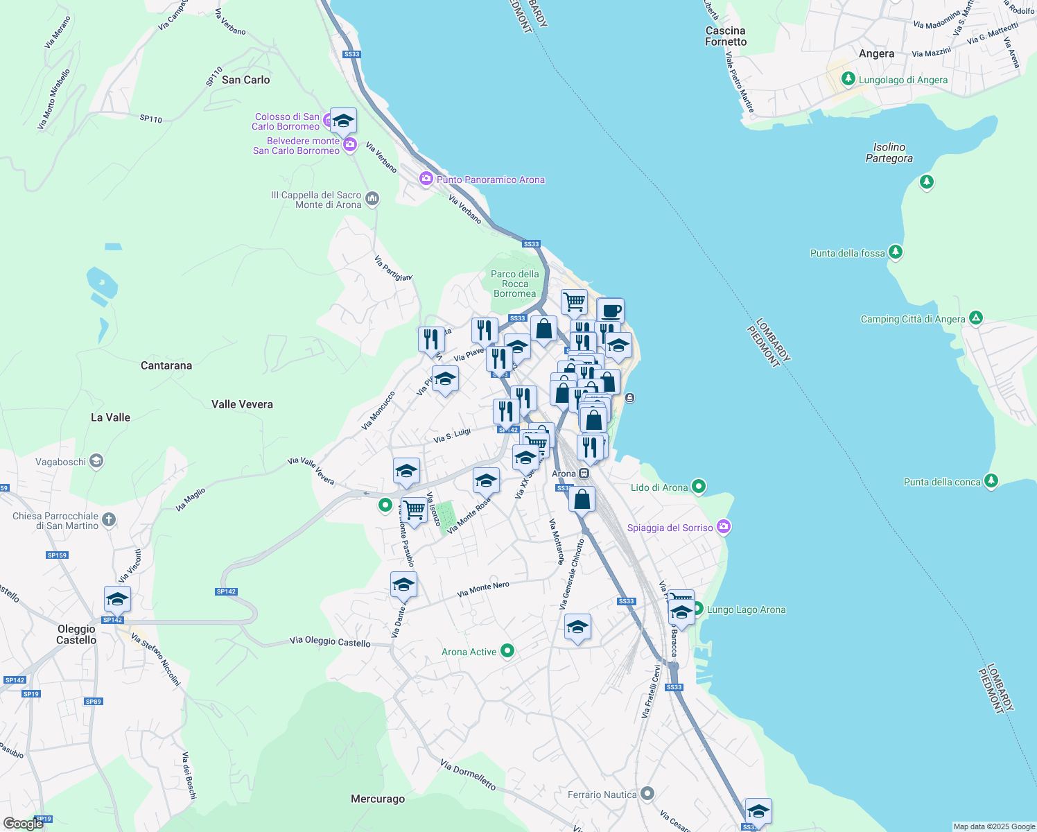 map of restaurants, bars, coffee shops, grocery stores, and more near 2 Via San Luigi in Arona