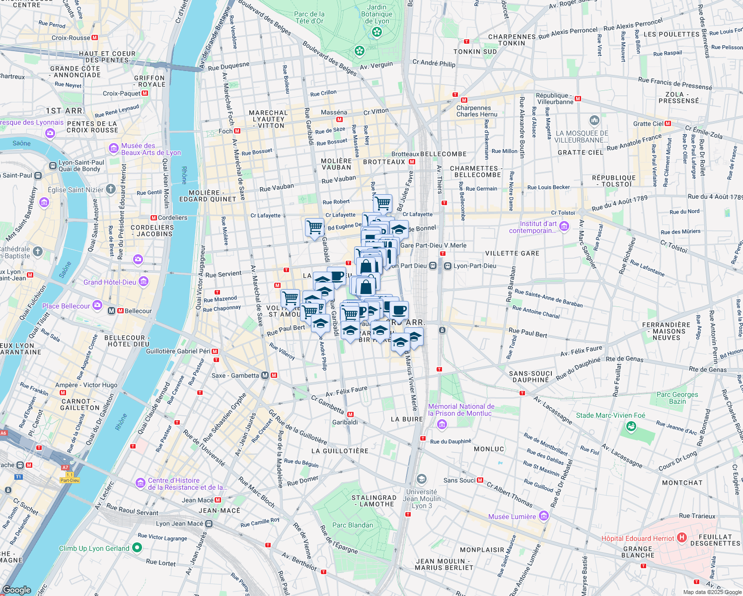 map of restaurants, bars, coffee shops, grocery stores, and more near in Lyon