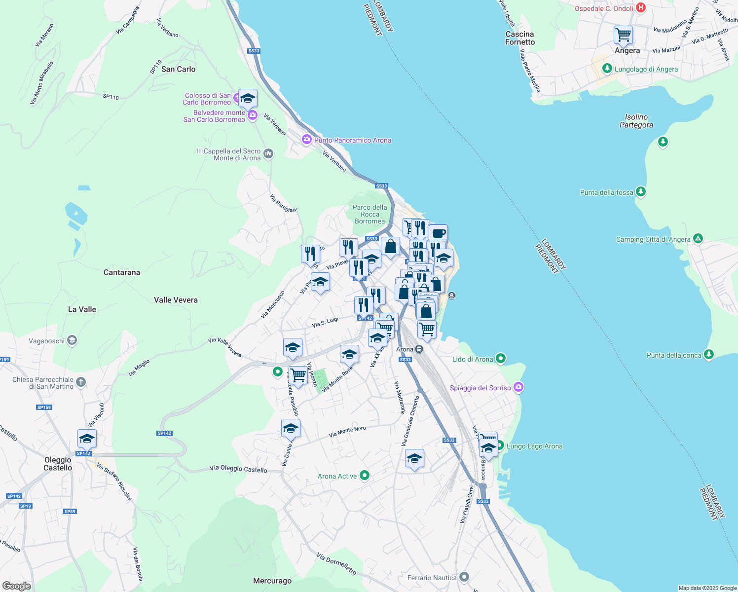 map of restaurants, bars, coffee shops, grocery stores, and more near 10 Via Filippo Turati in Arona