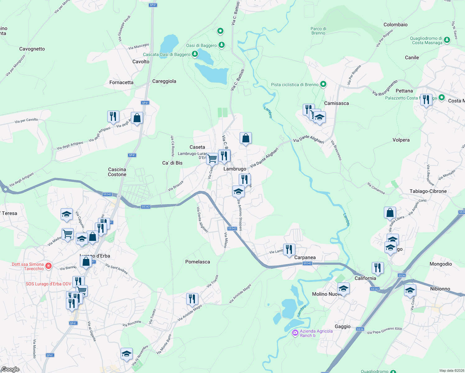 map of restaurants, bars, coffee shops, grocery stores, and more near 42 Via Alessandro Volta in Lambrugo