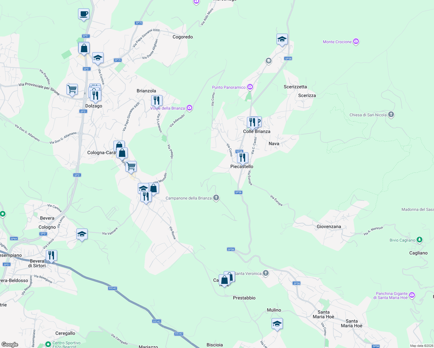 map of restaurants, bars, coffee shops, grocery stores, and more near 1 via Campanone della Brianza in Provincia di Lecco