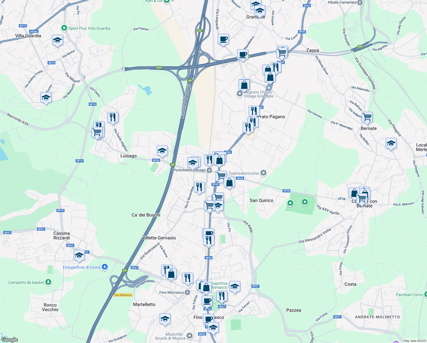 map of restaurants, bars, coffee shops, grocery stores, and more near 11 Via Roma in Luisago