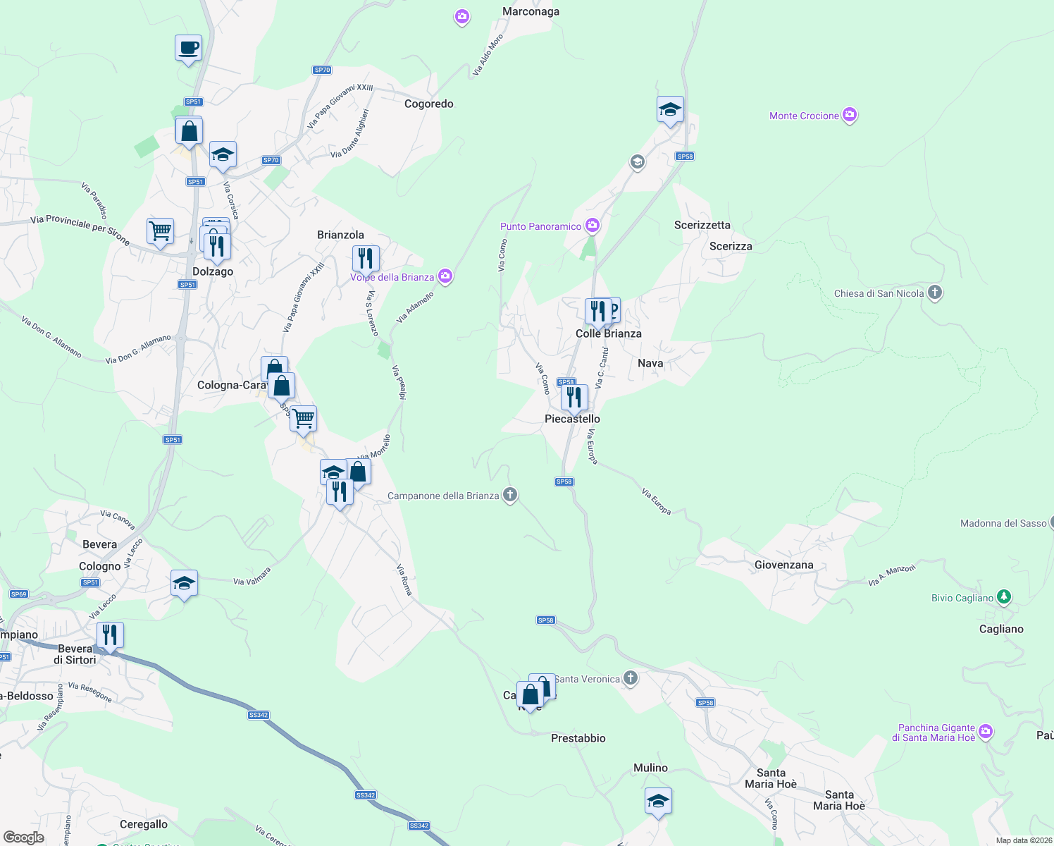 map of restaurants, bars, coffee shops, grocery stores, and more near 1 via Campanone della Brianza in Provincia di Lecco