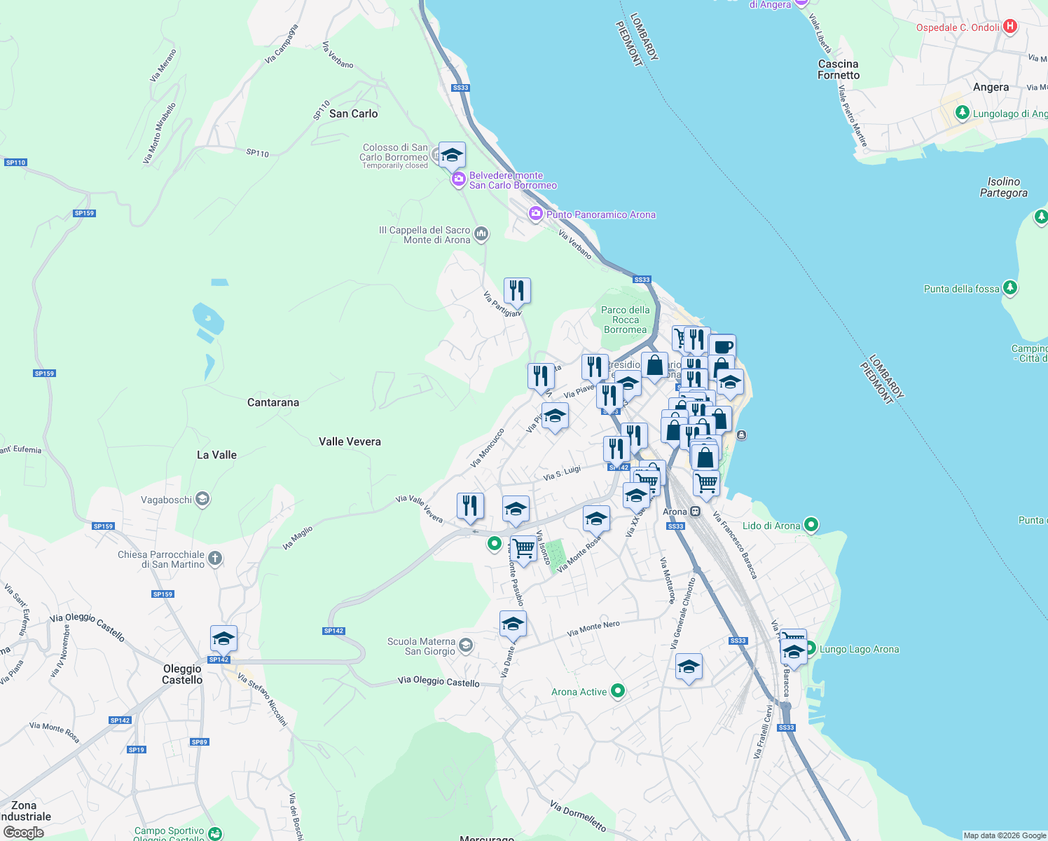 map of restaurants, bars, coffee shops, grocery stores, and more near 4 Via Carso in Arona