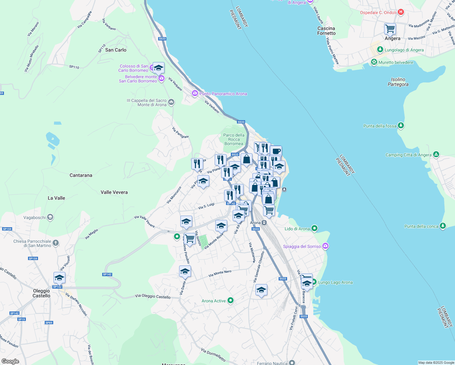 map of restaurants, bars, coffee shops, grocery stores, and more near 10 Via Filippo Turati in Arona