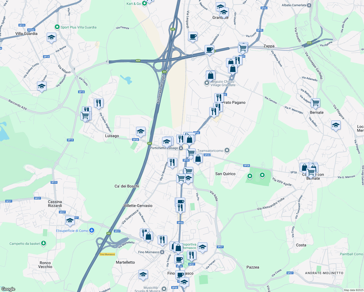 map of restaurants, bars, coffee shops, grocery stores, and more near 11 Via Roma in Luisago