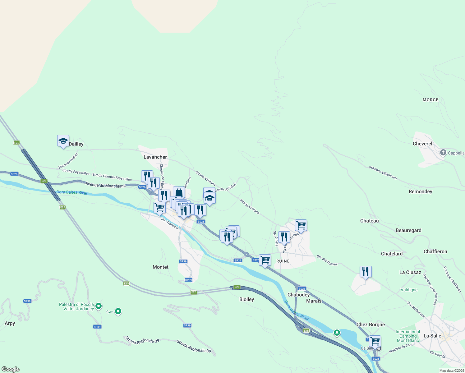 map of restaurants, bars, coffee shops, grocery stores, and more near 28 Strada del Villair in Morgex