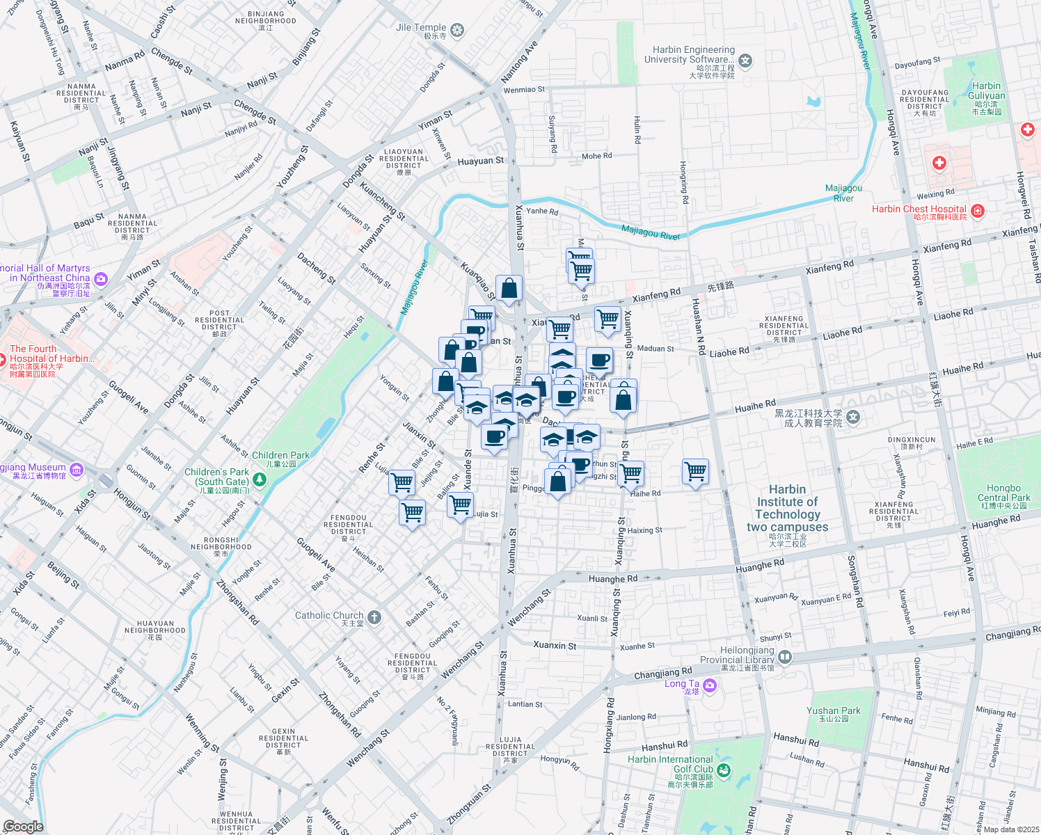 map of restaurants, bars, coffee shops, grocery stores, and more near in Harbin