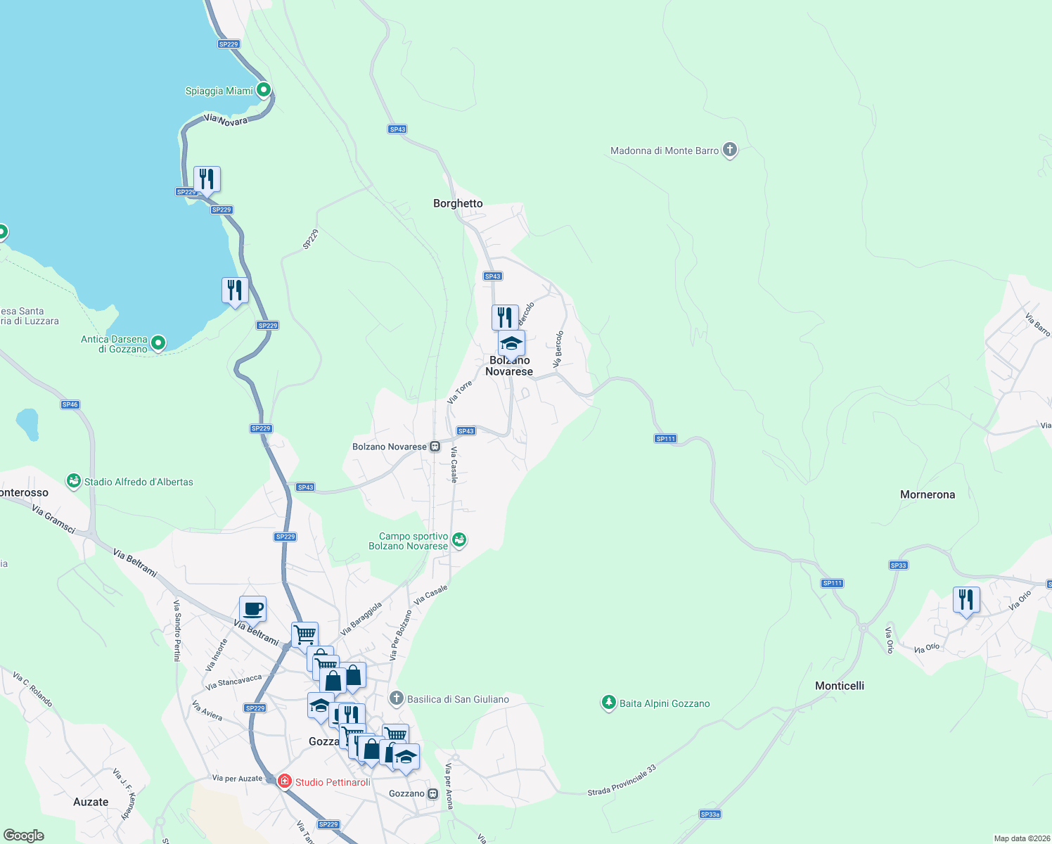 map of restaurants, bars, coffee shops, grocery stores, and more near 17 Via Merlino in Provincia di Novara
